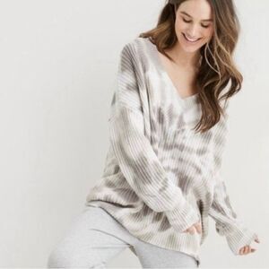 Aerie Wide V-Neck Sweater in Gray Tie-Dye